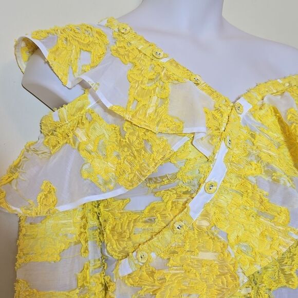 Self Portrait Yellow Floral Fil Coupe Asymetric Mesh Ruffled Top Off Shoulder - Picture 13 of 16